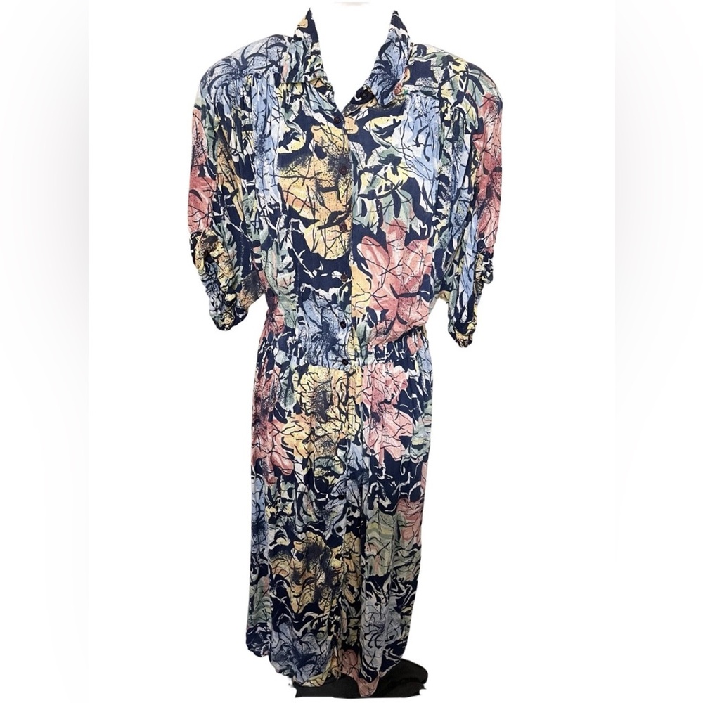 Vintage Together! Maxi Dress Navy Floral Button  Elastic Waist Cuff Short Sleeve